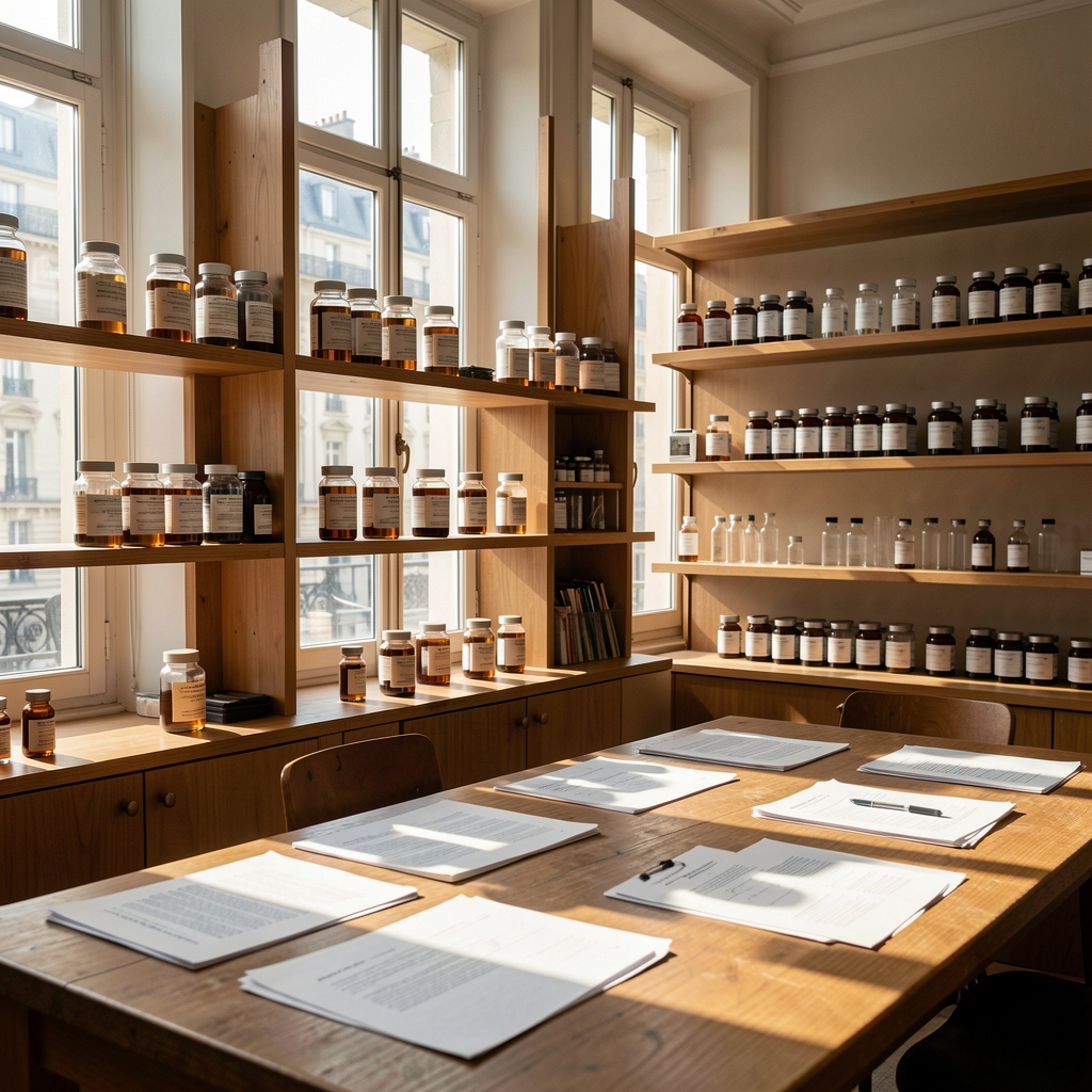 Open nutritional research journal on a wide oak desk, annotated pages visible, natural daylight from a tall window casting even shadows
