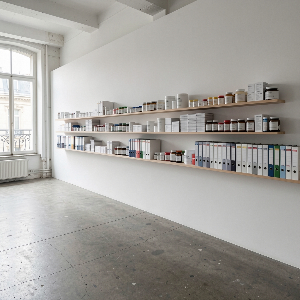 Wide angle view of a minimalist Paris editorial studio with exposed concrete floors, a long white wall lined with supplement reference samples and stacked research binders