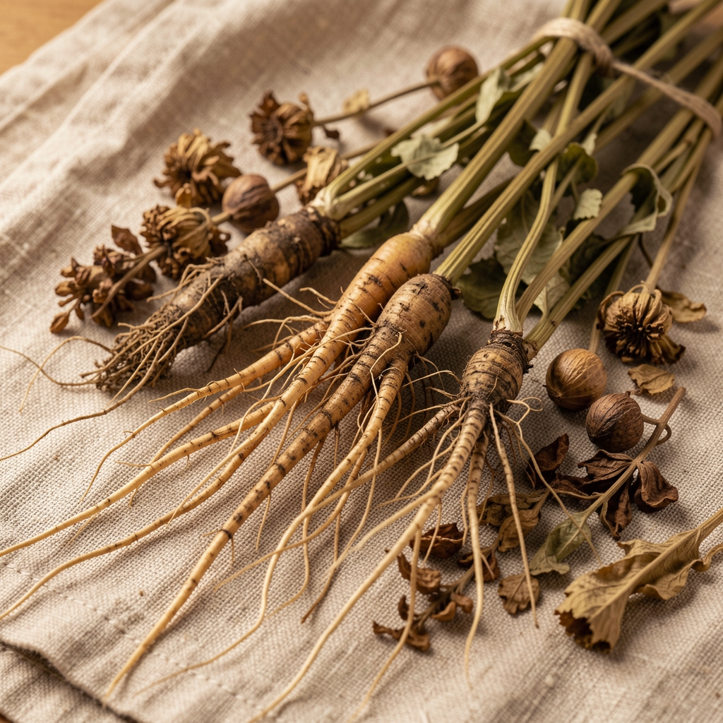 Close-up of whole botanical roots and dried plant material on aged linen, natural plant-based ingredient display in warm studio lighting