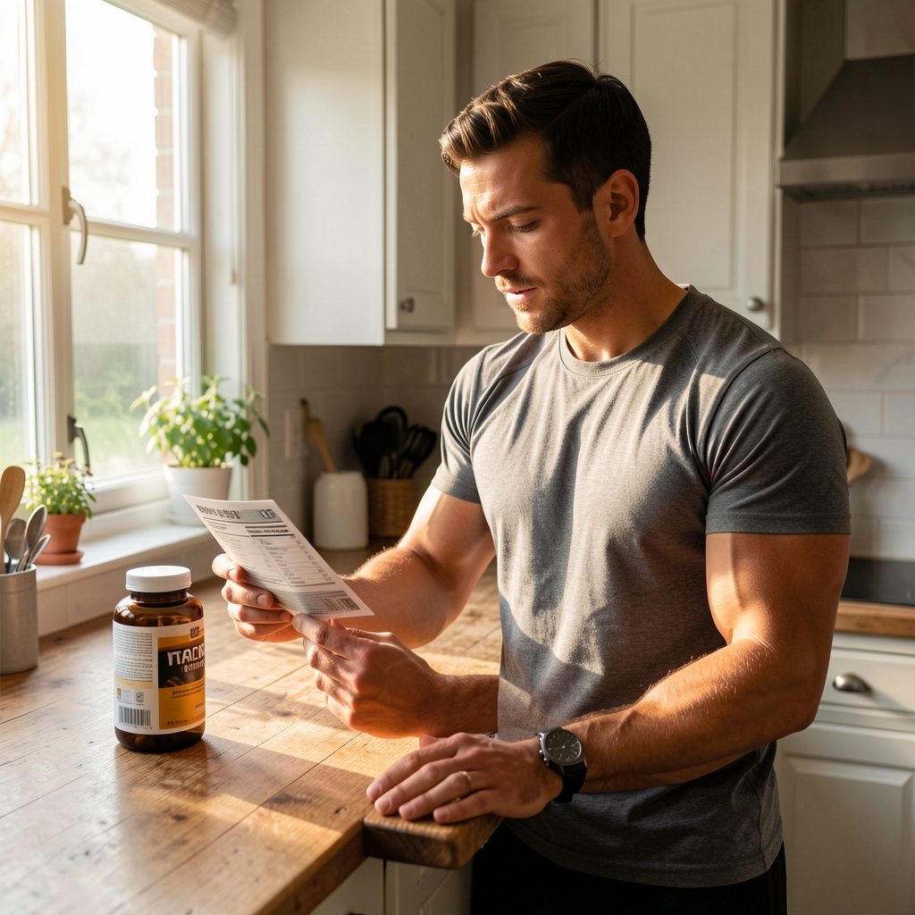 Athletic man reviewing supplement information card at a wooden kitchen counter, morning light filtering through window, active lifestyle setting