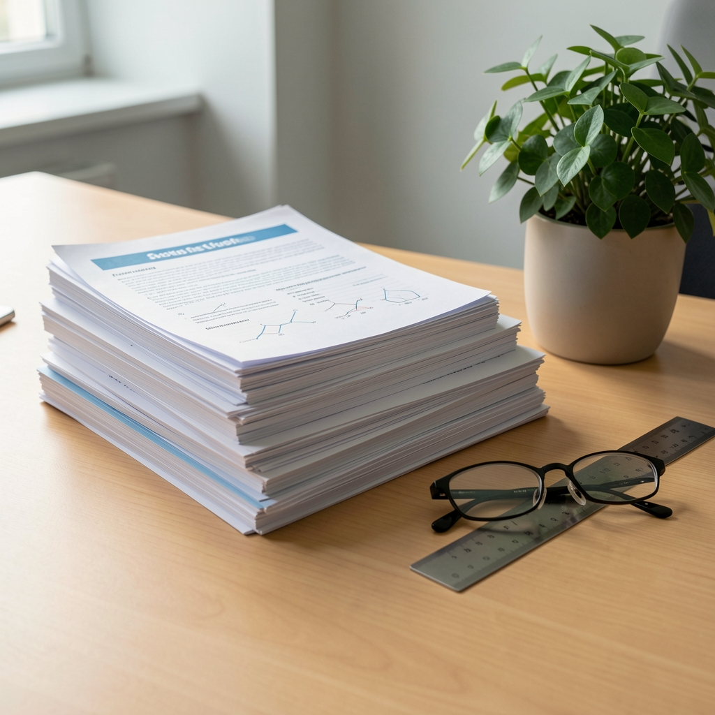 Stacked scientific papers and nutritional research documents on a wide desk with reading glasses and a steel ruler beside a potted plant
