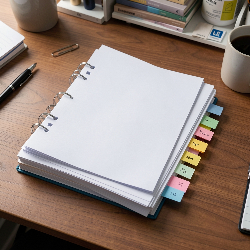 Stacked supplement documentation folders on a wooden desk with paper clips and annotation tabs, photographed from above in an organised editorial workspace setting