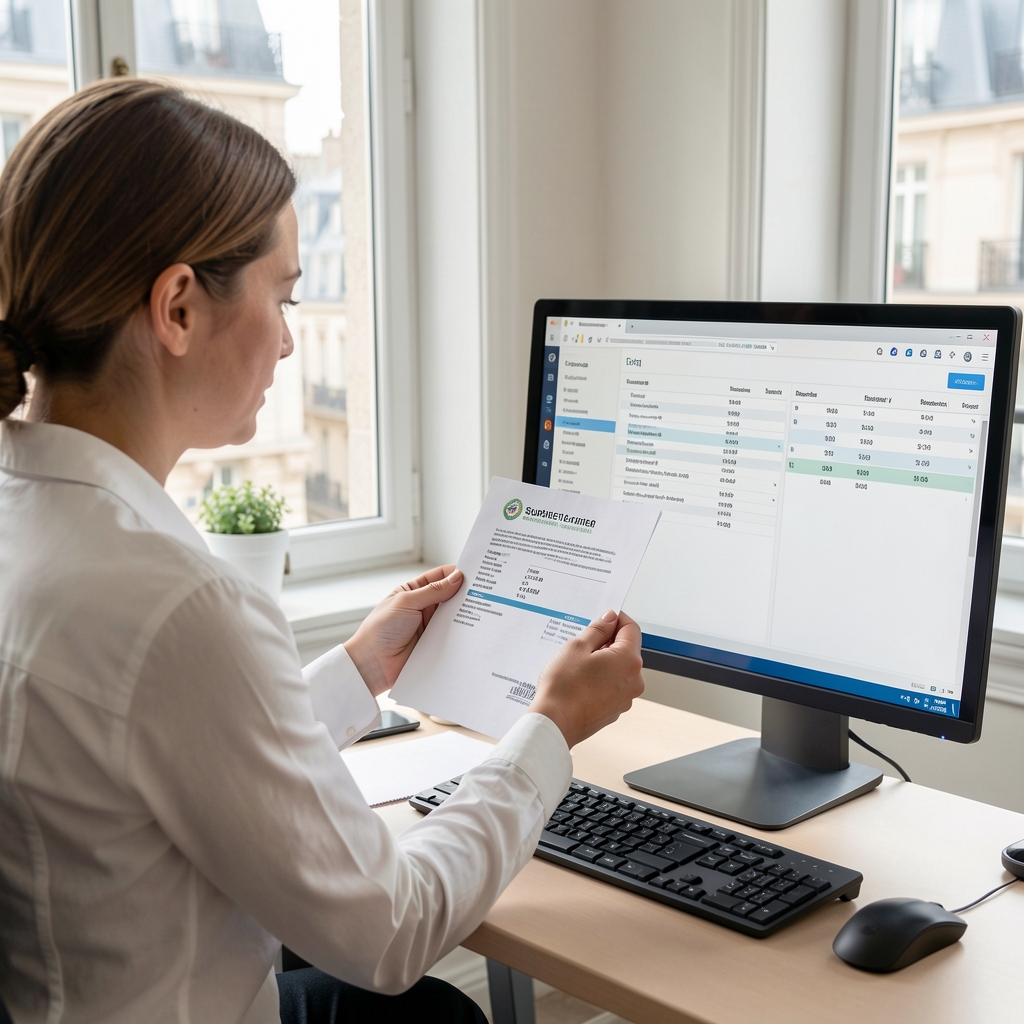Nutrition professional comparing printed supplier certificate of analysis with a digital database on a monitor, photographed from a slight elevation in a well-lit Paris office