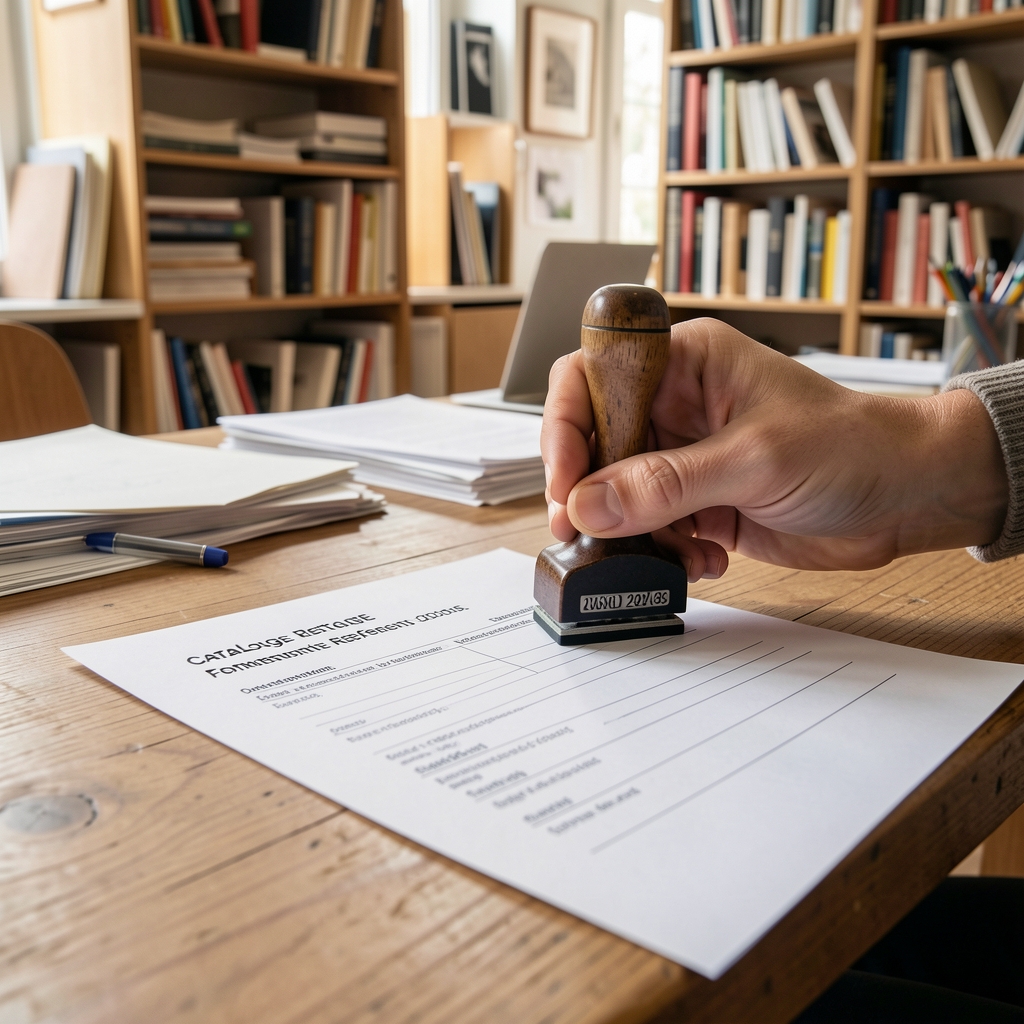 Hand stamping a catalogue reference number onto a printed formulation entry card placed on a wooden desk in an organised Paris editorial archive room