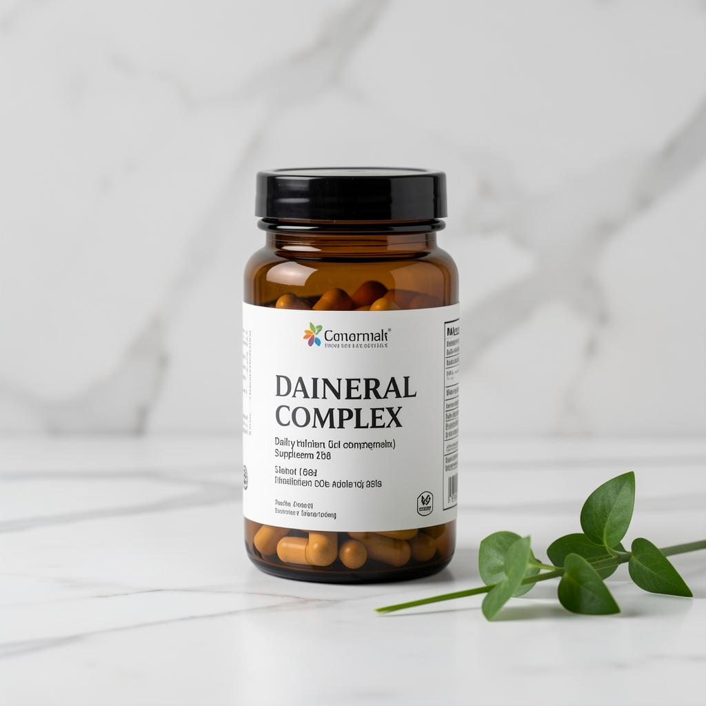 Amber glass jar with daily mineral complex supplement, batch label visible, arranged on white marble surface with green plant cutting