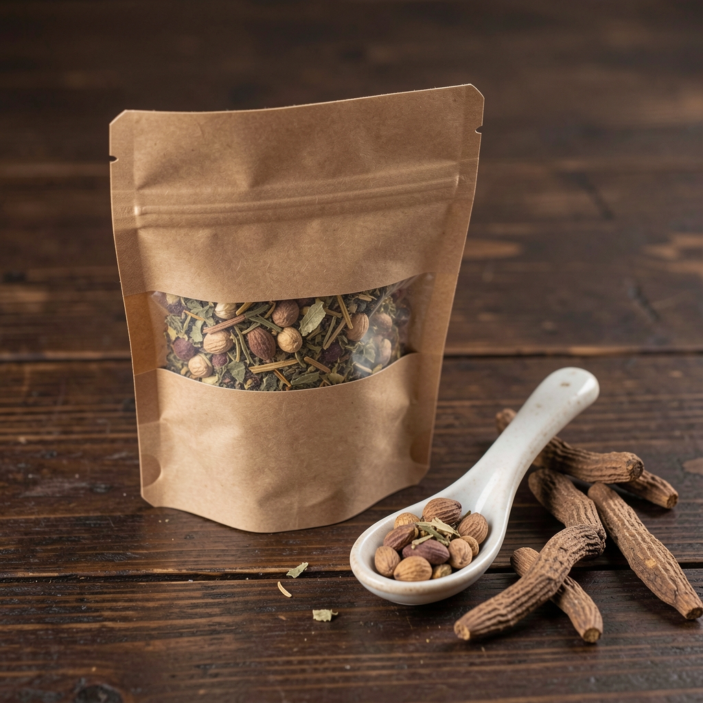 Small kraft pouch of adaptogen blend supplement powder beside a ceramic spoon and dried ashwagandha root on dark wood table