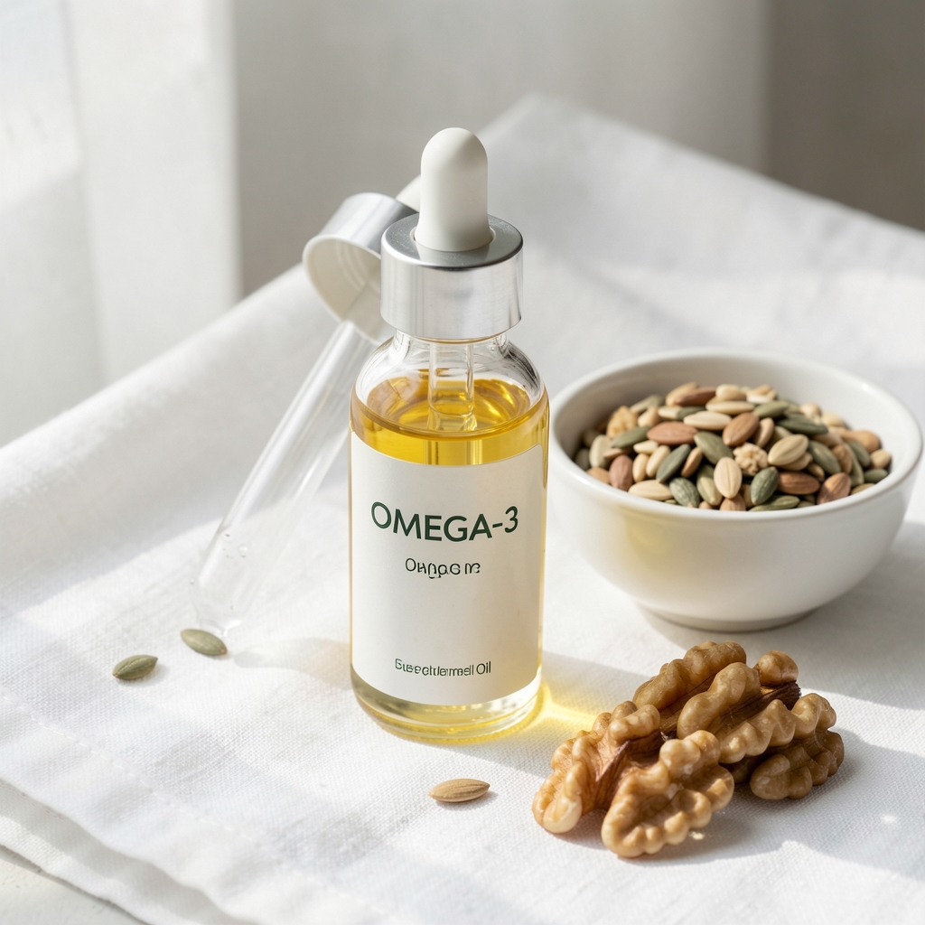 Omega-3 supplement oil in a clean glass dropper bottle on white linen with small bowl of mixed seeds and walnuts in natural light