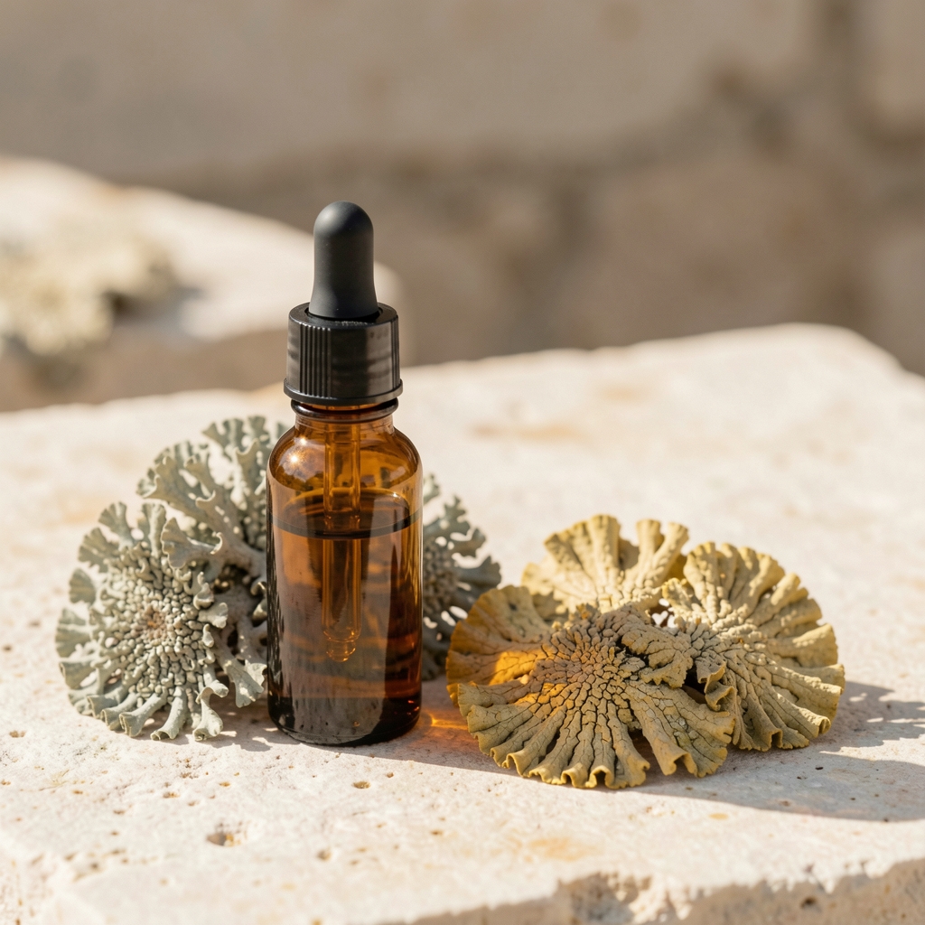 Amber glass dropper bottle of vitamin D3 supplement placed beside dried lichen on a pale stone surface, photographed in natural north light for editorial product documentation