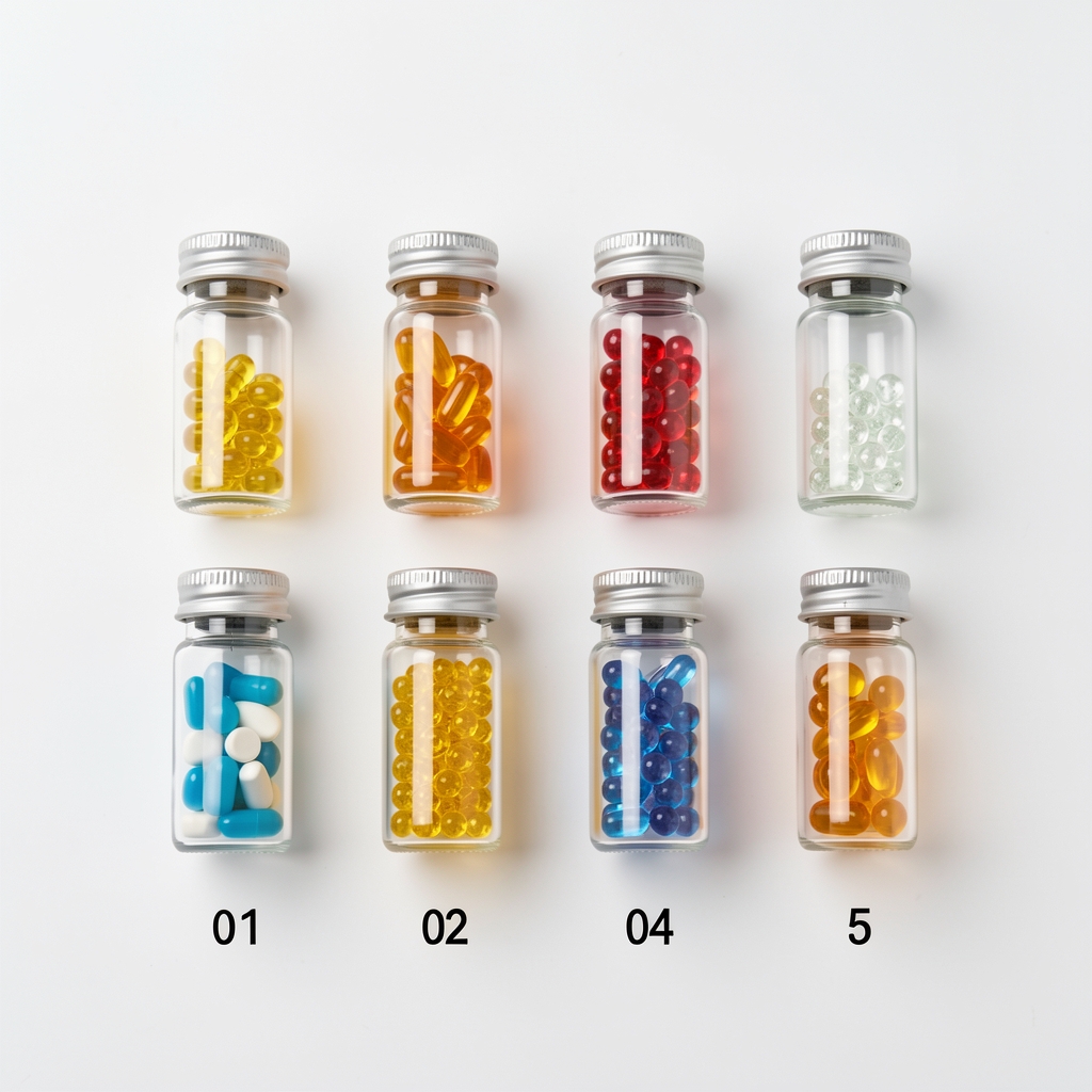 Flat lay of eight small glass vials containing different B-vitamin compound reference samples arranged in numerical order on a clean white surface under studio lighting