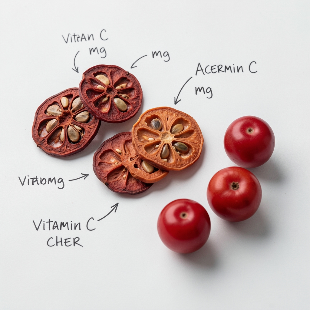 Cross-section slices of dried rosehip fruit and acerola cherries arranged on white paper with handwritten vitamin C mg content annotations in documentary catalogue style