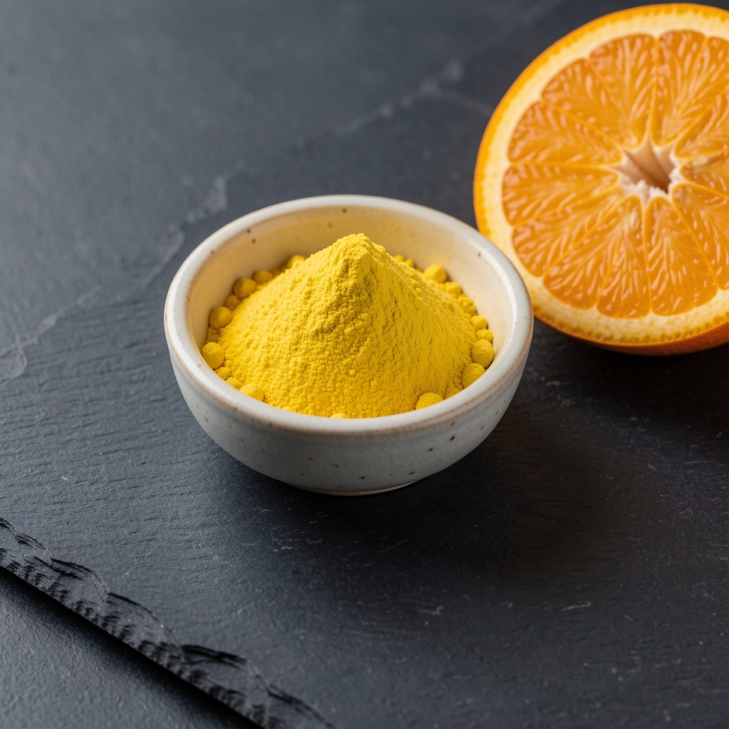 Bright yellow coenzyme Q10 powder in a small ceramic dish placed on dark slate with an orange cross-section visible beside it, detailed product documentation photograph